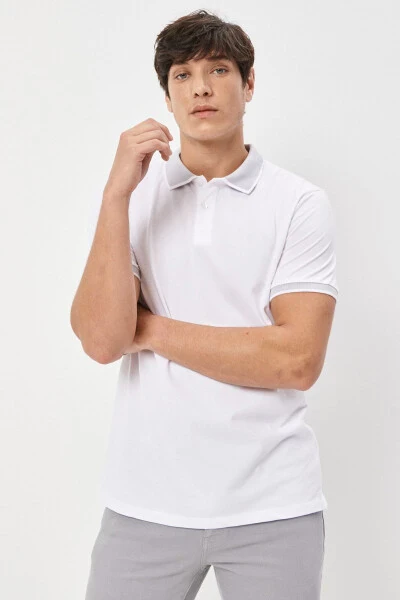 Men's White Slim Fit Narrow Cut Polo Neck Short Sleeve Basic T-Shirt - 4
