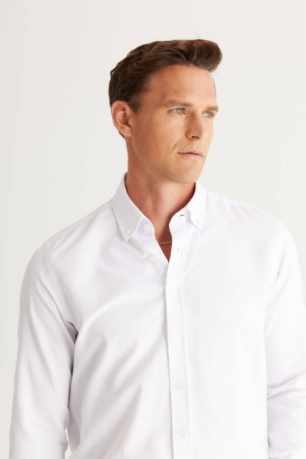 Men's White Slim Fit Oxford Button-Down Collar Armored Cotton Shirt - 4