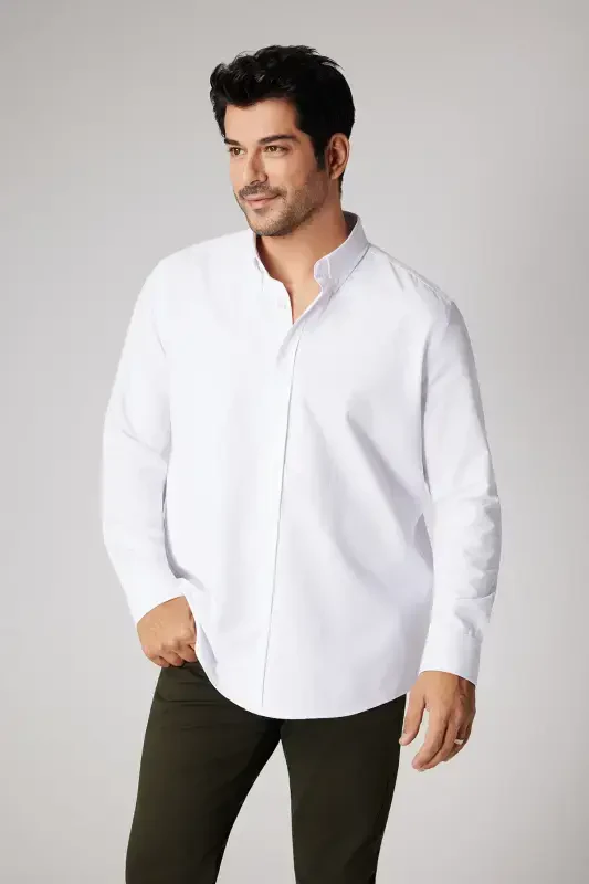 Men's White Slim Fit Oxford Button-Down Collar Armored Cotton Shirt - AC&CO / ALTINYILDIZ CLASSICS