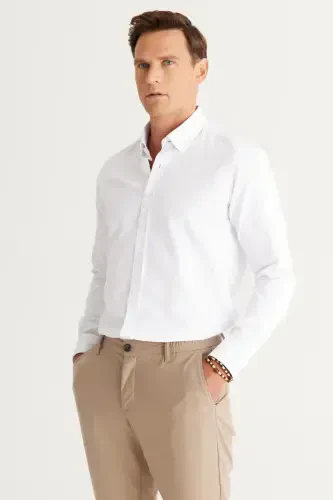 Men's White Slim Fit Oxford Button-Down Collar Armored Cotton Shirt - AC&CO / ALTINYILDIZ CLASSICS (1)