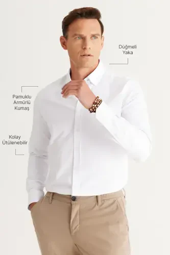 Men's White Slim Fit Oxford Button-Down Collar Armored Cotton Shirt - 3