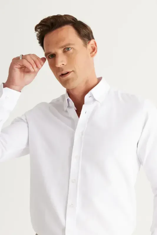 Men's White Slim Fit Oxford Button-Down Collar Armored Cotton Shirt - 6