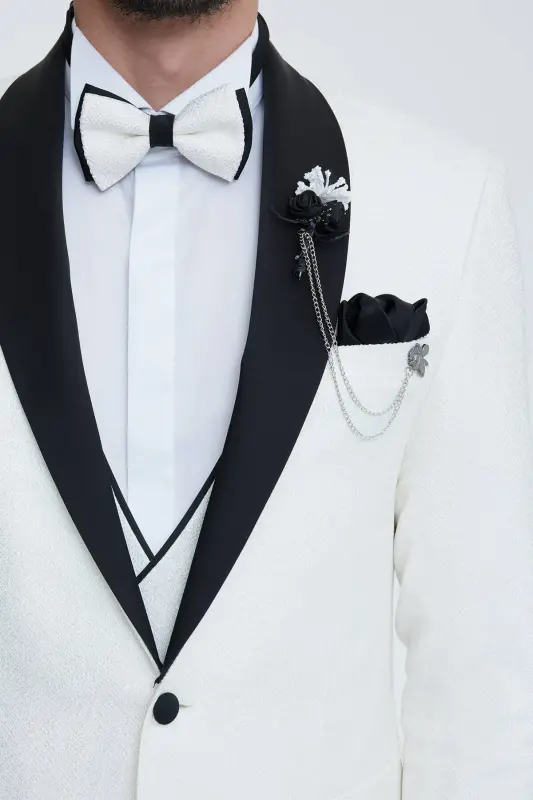 Men's White Slim Fit Shawl Collar Patterned Wedding Suit - 4