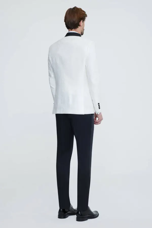 Men's White Slim Fit Shawl Collar Patterned Wedding Suit - 5