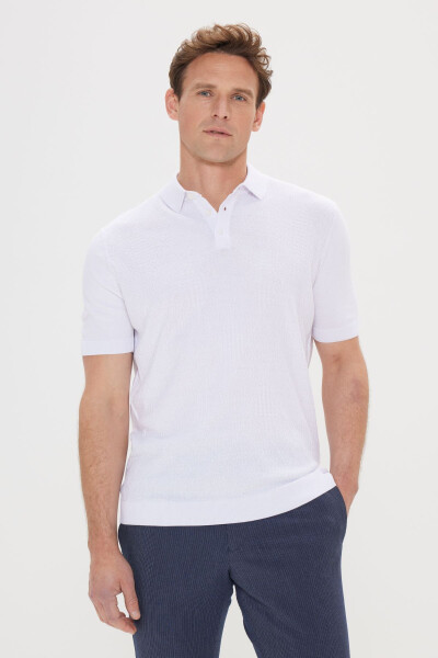 Men's White Standard Fit Regular Cut 100% Cotton Textured Polo Neck Knit T-Shirt - ALTINYILDIZ CLASSICS