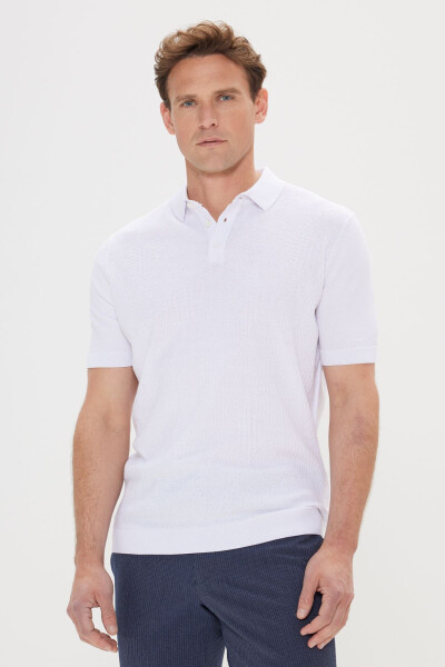Men's White Standard Fit Regular Cut 100% Cotton Textured Polo Neck Knit T-Shirt - 3