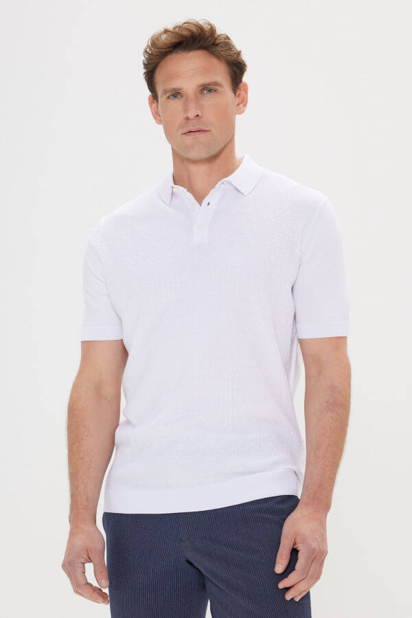 Men's White Standard Fit Regular Cut 100% Cotton Textured Polo Neck Knit T-Shirt - 3