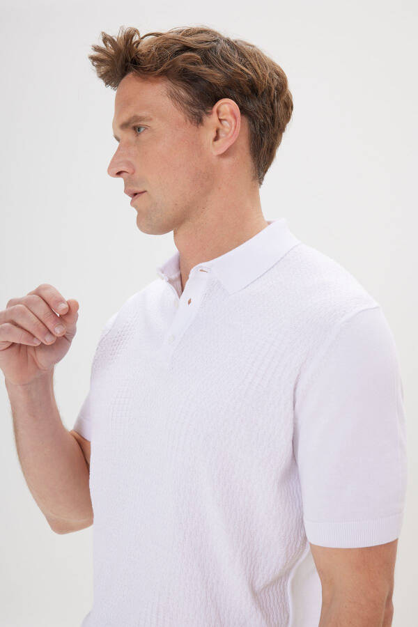 Men's White Standard Fit Regular Cut 100% Cotton Textured Polo Neck Knit T-Shirt - 4
