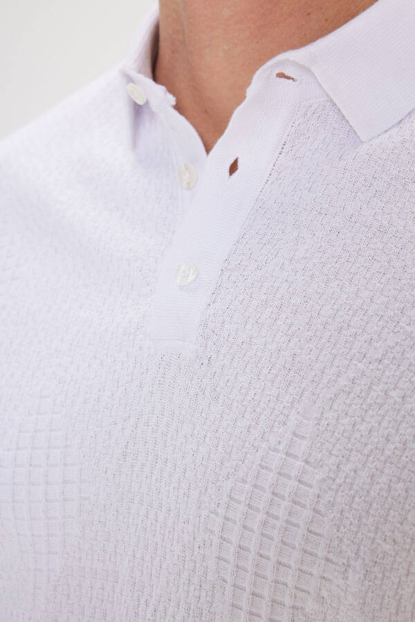 Men's White Standard Fit Regular Cut 100% Cotton Textured Polo Neck Knit T-Shirt - 5