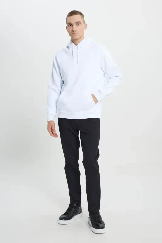 Men's White Standard Fit Regular Cut Fleece Lined 3 Thread Hooded Cotton Sweatshirt-White - 2