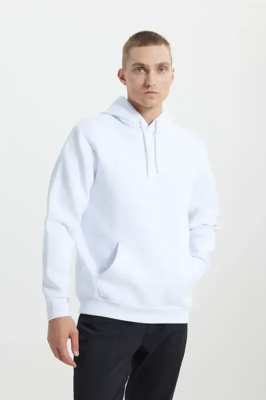 Men's White Standard Fit Regular Cut Fleece Lined 3 Thread Hooded Cotton Sweatshirt-White - 3