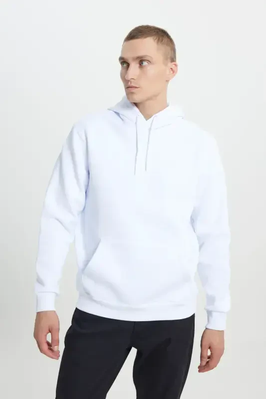 Men's White Standard Fit Regular Cut Fleece Lined 3 Thread Hooded Cotton Sweatshirt-White - 4