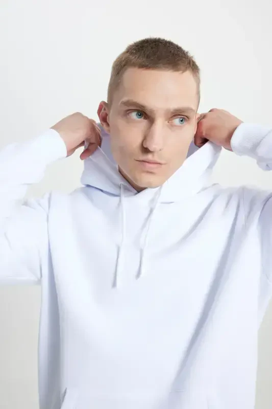 Men's White Standard Fit Regular Cut Fleece Lined 3 Thread Hooded Cotton Sweatshirt-White - 5