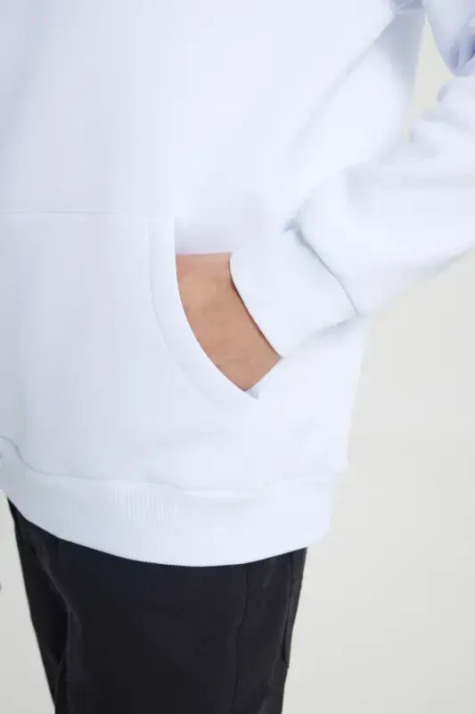 Men's White Standard Fit Regular Cut Fleece Lined 3 Thread Hooded Cotton Sweatshirt-White - 6