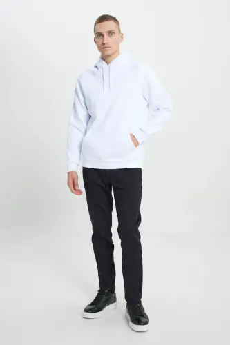 Men's White Standard Fit Regular Cut Fleece Lined 3 Thread Hooded Cotton Sweatshirt-White - AC&CO / ALTINYILDIZ CLASSICS (1)