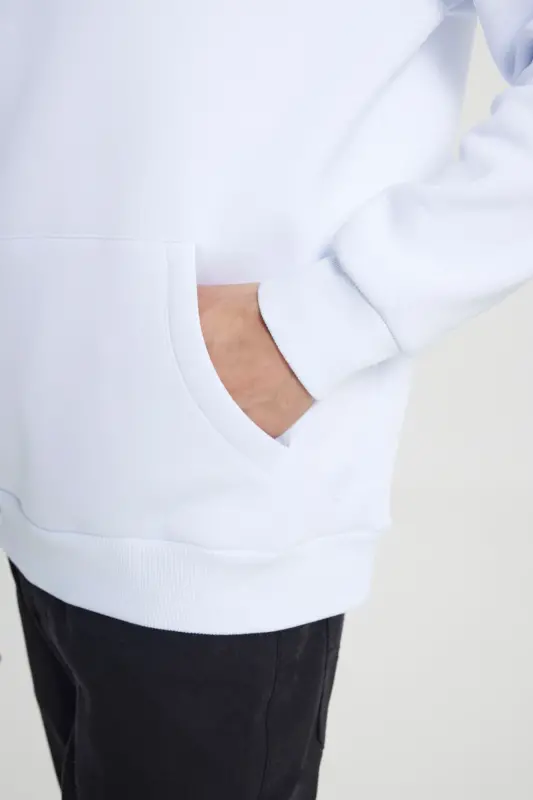 Men's White Standard Fit Regular Cut Fleece Lined 3 Thread Hooded Cotton Sweatshirt-White - 6