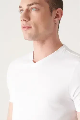 Men's White T-shirt 100% Cotton V-Neck Regular Fit E001001 - AVVA (1)
