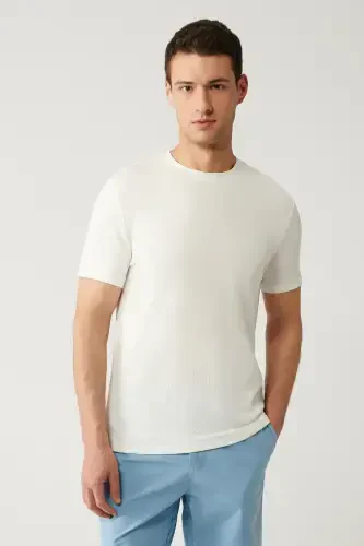 Men's White T-shirt Crew Neck Jacquard Cotton Regular Fit A41y1322 - 1