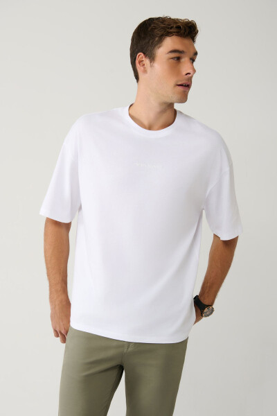 Men's White T-shirt Crew Neck Printed Cotton Oversize E001037 - 13