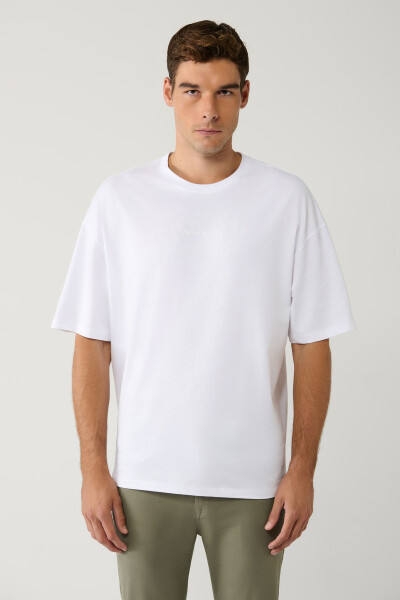 Men's White T-shirt Crew Neck Printed Cotton Oversize E001037 - 15