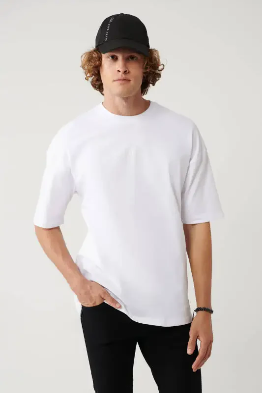 Men's White T-shirt Crew Neck Printed Oversize A41y1325 - 1