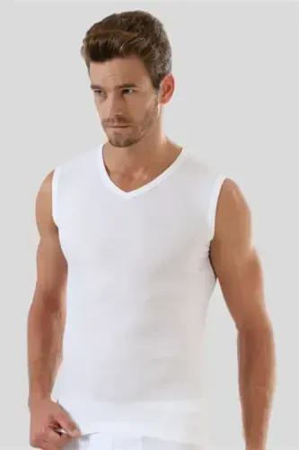 Men's White T-shirt V Neck Sleeveless Tank Top Undershirt Bodysuit 2 Pack 100% Cotton - 5