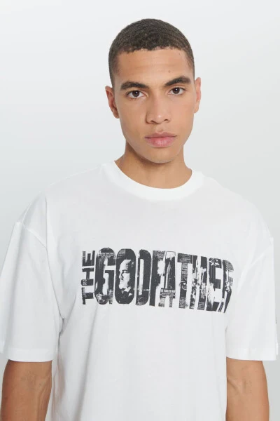 Men's White The Godfather Licensed Loose Fit Oversize 100% Cotton Crew Neck Printed T-Shirt - 4