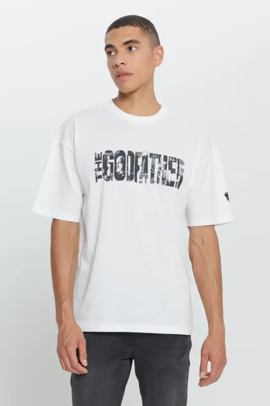 Men's White The Godfather Licensed Loose Fit Oversize 100% Cotton Crew Neck Printed T-Shirt - 3