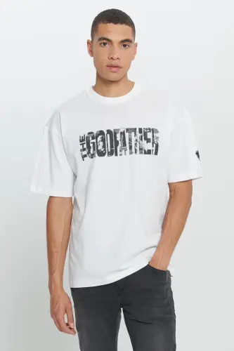 Men's White The Godfather Licensed Loose Fit Oversize 100% Cotton Crew Neck Printed T-Shirt - 5