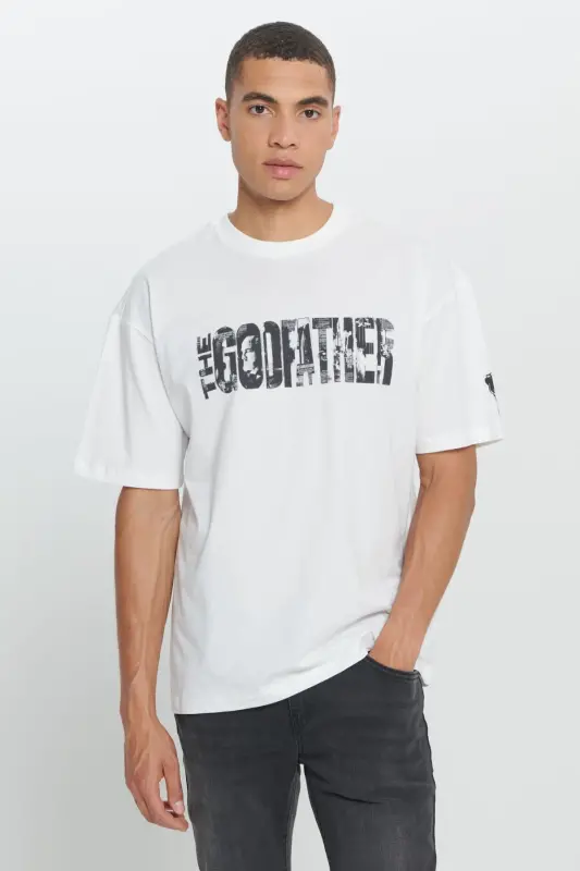 Men's White The Godfather Licensed Loose Fit Oversize 100% Cotton Crew Neck Printed T-Shirt - 5
