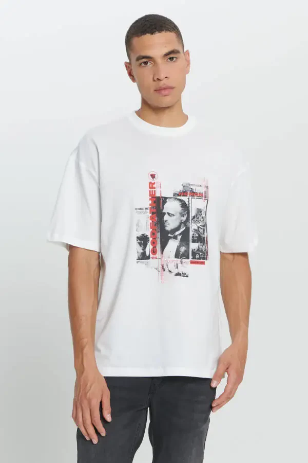 Men's White The Godfather Licensed Loose Fit Oversize 100% Cotton Crew Neck Printed T-Shirt - 1