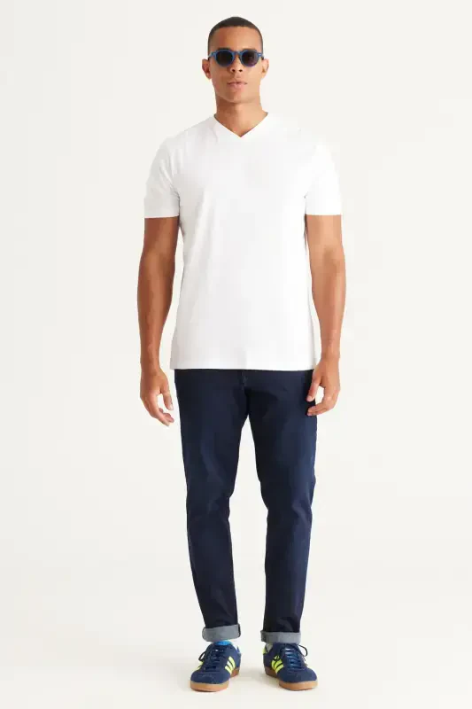 Men's White-white 2-Pack V-Neck 100% Cotton Slim Fit Slim Cut Basic T-Shirt-WHITE - 6