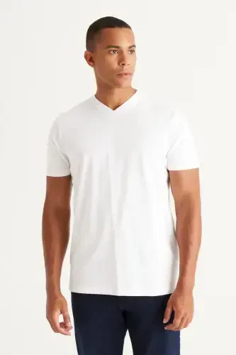Men's White-white 2-Pack V-Neck 100% Cotton Slim Fit Slim Cut Basic T-Shirt-WHITE - 7