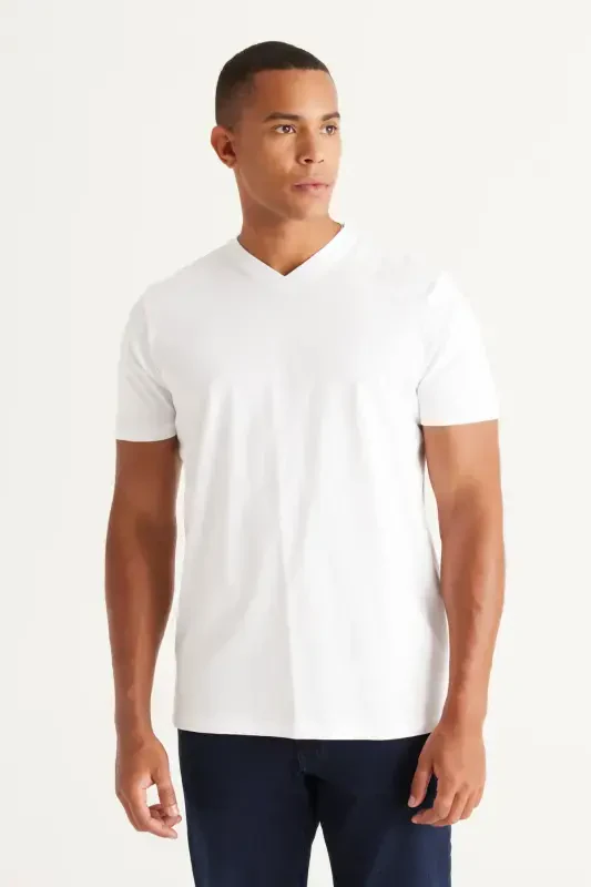 Men's White-white 2-Pack V-Neck 100% Cotton Slim Fit Slim Cut Basic T-Shirt-WHITE - 7