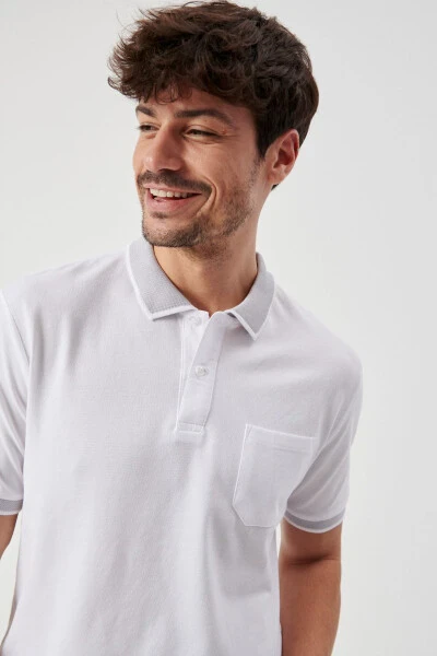 Men's White-white Comfort Fit Relaxed Fit Polo Neck T-shirt - ALTINYILDIZ CLASSICS
