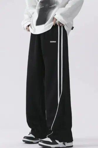Men's Wide Leg Striped Detail Baggy Sweatpants-Black - 1