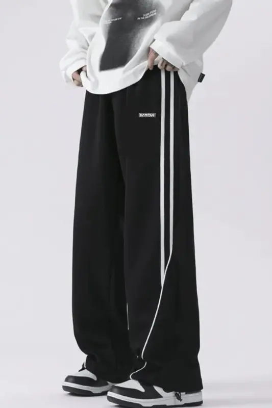 Men's Wide Leg Striped Detail Baggy Sweatpants-Black - 1