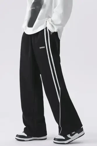 Men's Wide Leg Striped Detail Baggy Sweatpants-Black - SALIENDO (1)