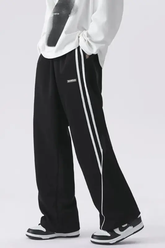 Men's Wide Leg Striped Detail Baggy Sweatpants-Black - 2