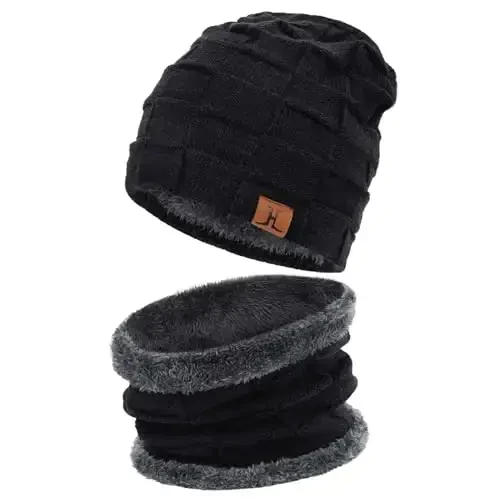 Mens Winter Beanie Hats Scarf Set Warm Knit Skull Cap Neck Warmer with Fleece Lined Winter Hat for Women - 2