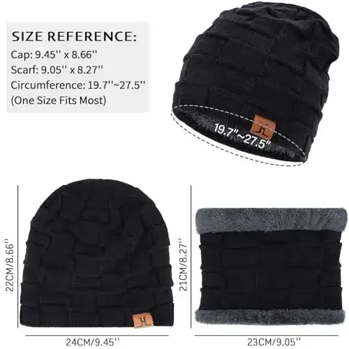 Mens Winter Beanie Hats Scarf Set Warm Knit Skull Cap Neck Warmer with Fleece Lined Winter Hat for Women - 3