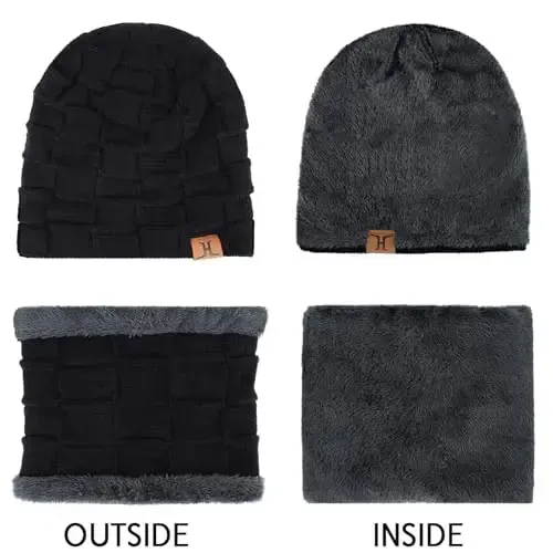Mens Winter Beanie Hats Scarf Set Warm Knit Skull Cap Neck Warmer with Fleece Lined Winter Hat for Women - 4