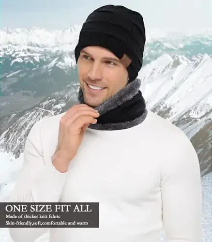 Mens Winter Beanie Hats Scarf Set Warm Knit Skull Cap Neck Warmer with Fleece Lined Winter Hat for Women - 5