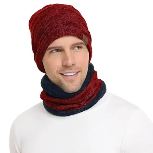 Mens Winter Beanie Hats Scarf Set Warm Knit Skull Cap Neck Warmer with Fleece Lined Winter Hat for Women - 1