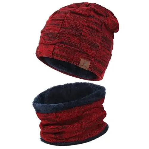 Mens Winter Beanie Hats Scarf Set Warm Knit Skull Cap Neck Warmer with Fleece Lined Winter Hat for Women - 2