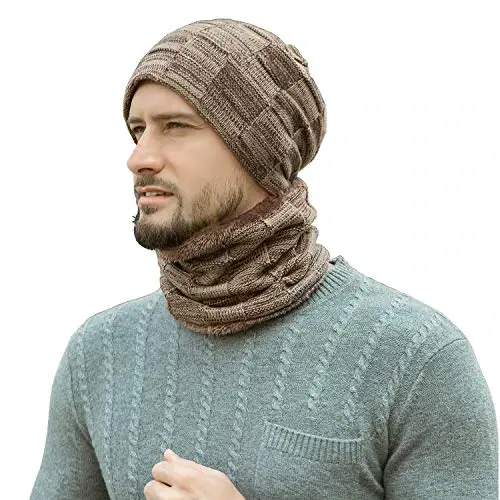 Mens Winter Beanie Hats Scarf Set Warm Knit Skull Cap Neck Warmer with Fleece Lined Winter Hat for Women 