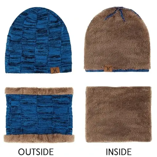 Mens Winter Beanie Hats Scarf Set Warm Knit Skull Cap Neck Warmer with Fleece Lined Winter Hat for Women - 4