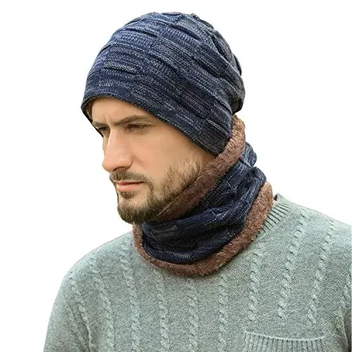 Mens Winter Beanie Hats Scarf Set Warm Knit Skull Cap Neck Warmer with Fleece Lined Winter Hat for Women 