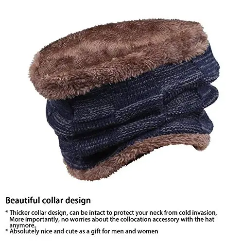 Mens Winter Beanie Hats Scarf Set Warm Knit Skull Cap Neck Warmer with Fleece Lined Winter Hat for Women - 3