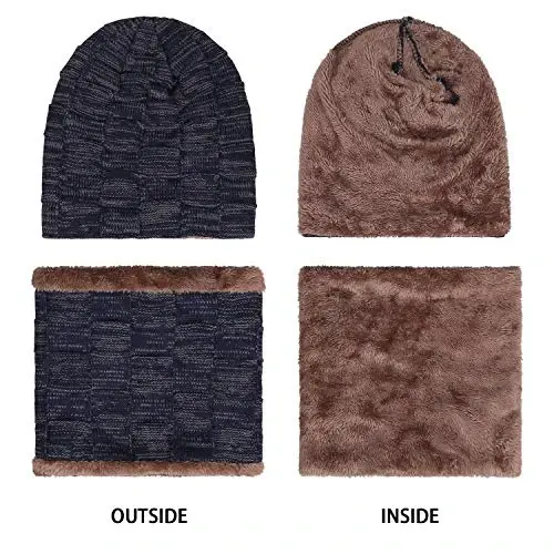 Mens Winter Beanie Hats Scarf Set Warm Knit Skull Cap Neck Warmer with Fleece Lined Winter Hat for Women - 4